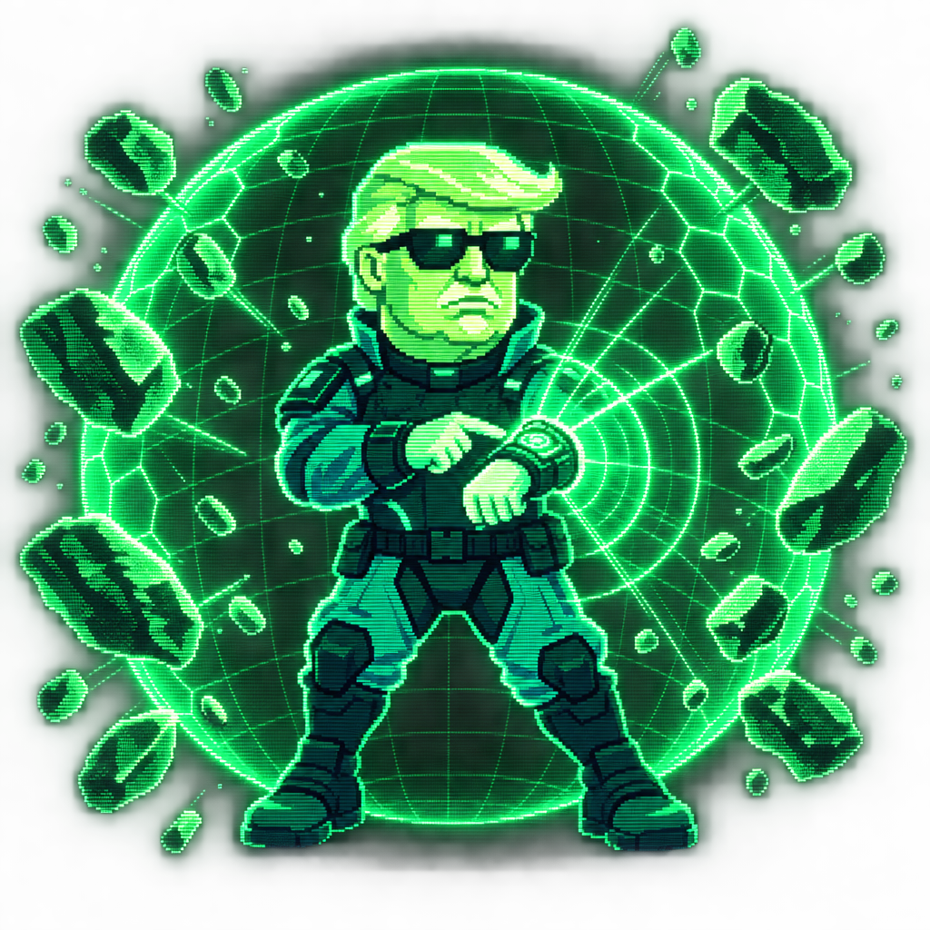 Small illustration of Cyber Trump standing before a glowing radar globe.