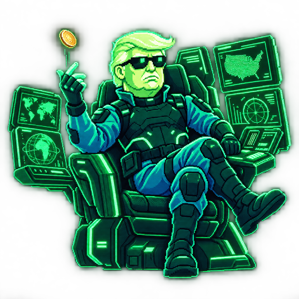 Cyber Trump seated in a command chair surrounded by glowing screens and a world map.