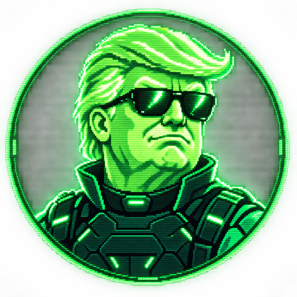 Circular green phosphor portrait of Cyber Trump in armor and sunglasses.