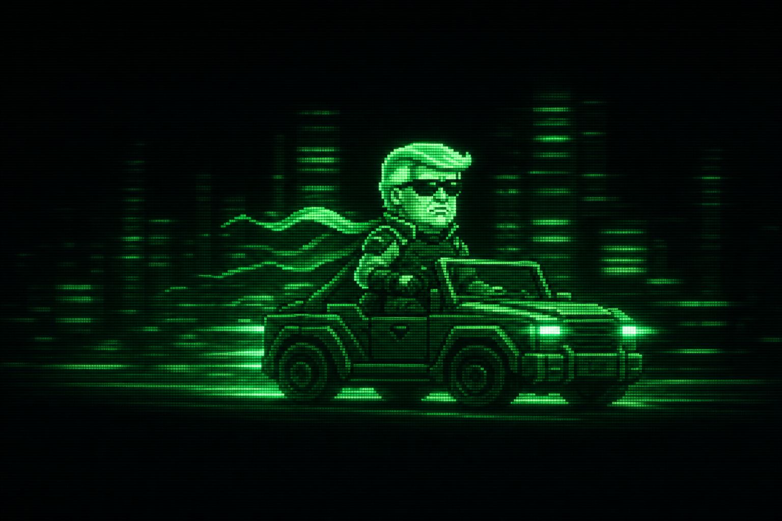 Cyber Trump riding in an open jeep through a glowing green city at night.