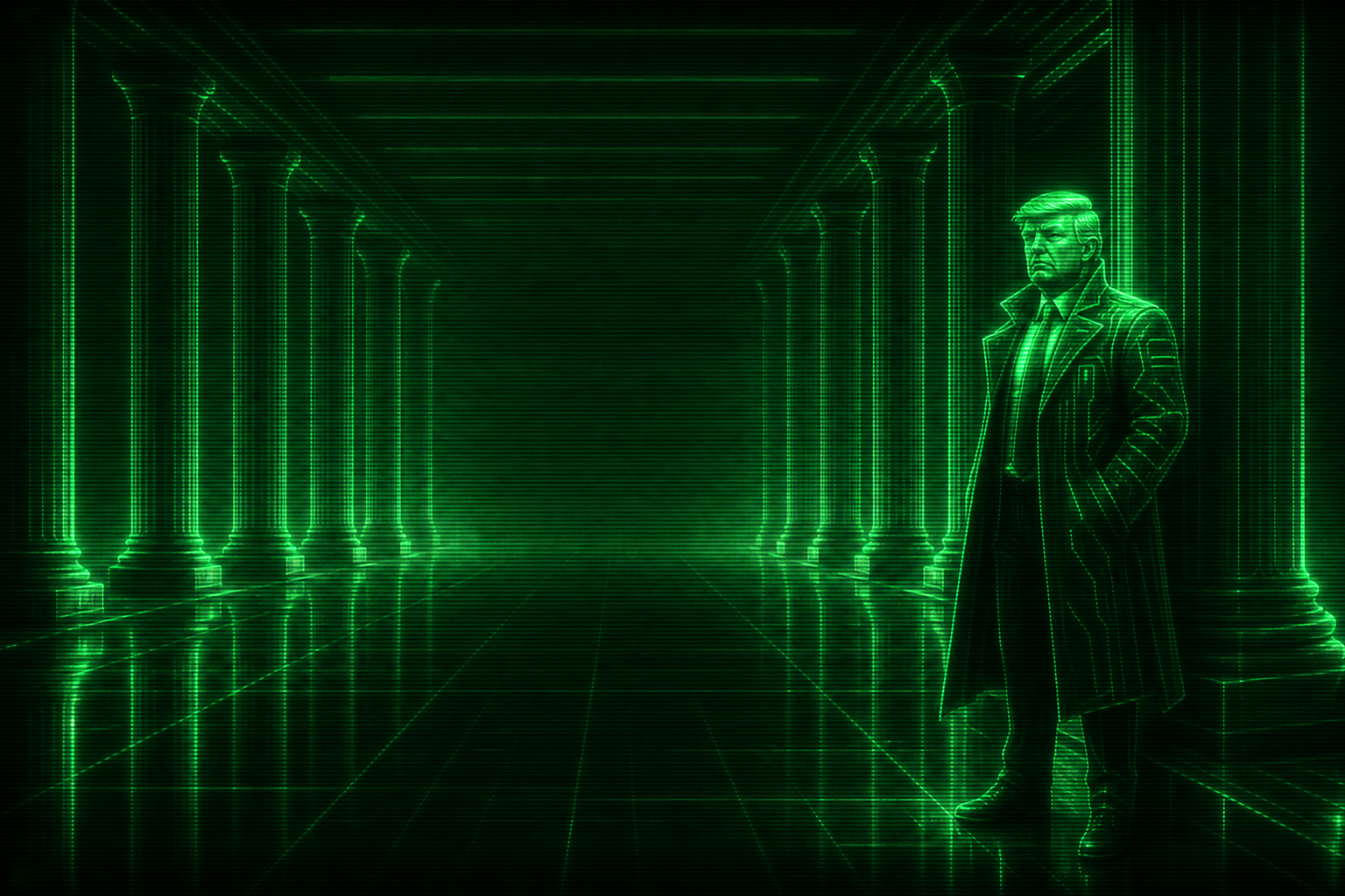 Cyber Trump standing between glowing green colonnades.