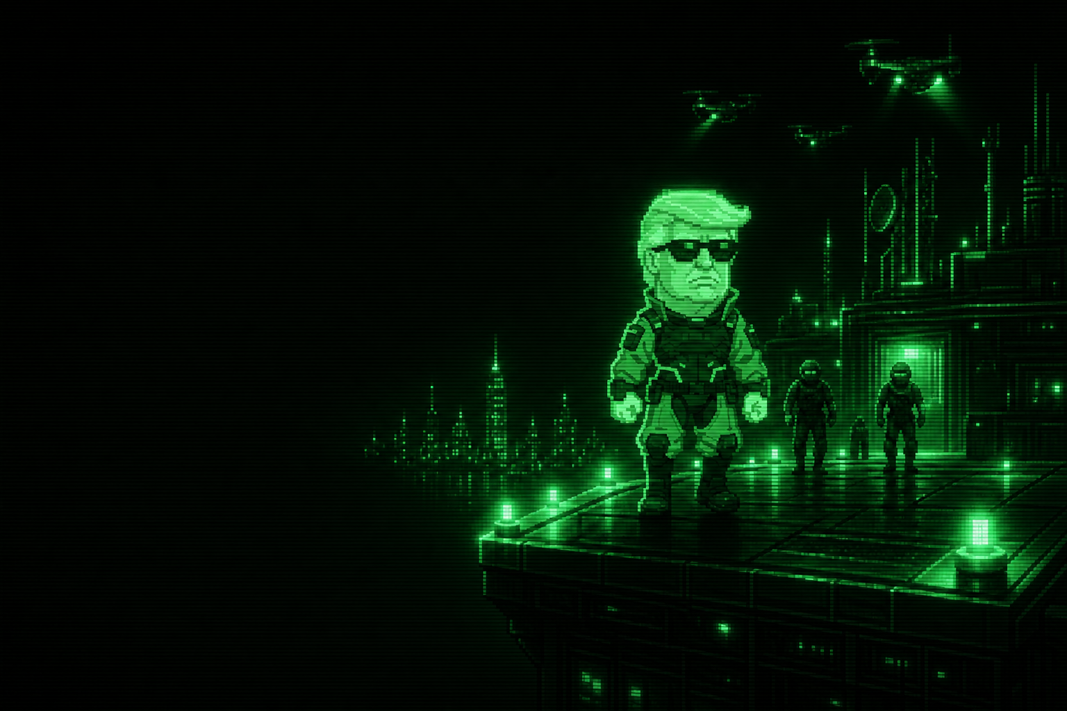 Cyber Trump walking across a rooftop with drones overhead and a wireframe city skyline.